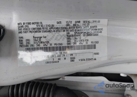 2013 Ford Focus Se z USA, uszkodzony, nr VIN 1FADP3K28DL203046